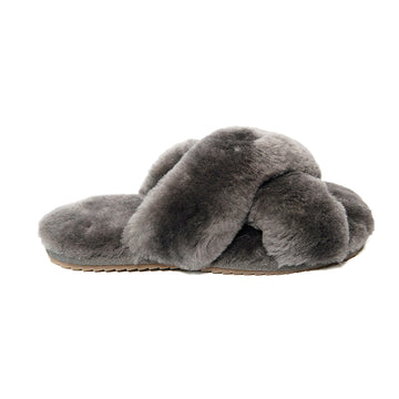Women's Cross Band Fuzzy Slippers Grey 100% natural Australian merino sheepskin Genuine Shearling Sheepskin Slippers House Slippers
